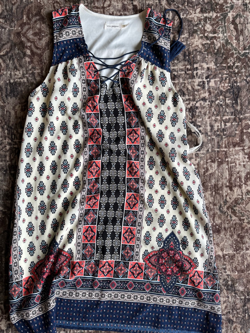 Blu Pepper Navy White Red Patterned Lace-Up Sleeveless Dress
